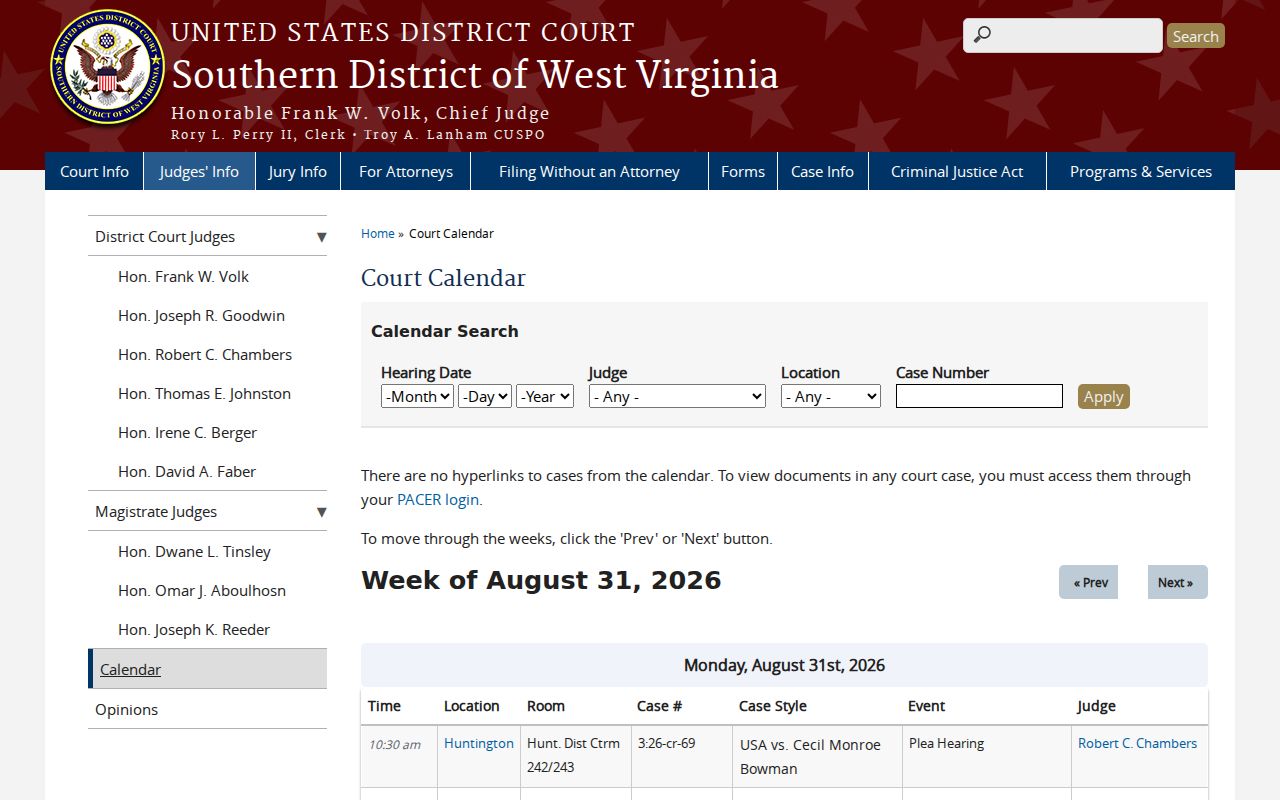 Southern District of West Virginia calendar source for Jackson County federal court dates